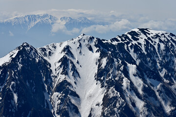 残雪の丸山から霞沢岳方を望む