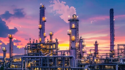 Obraz premium Petrochemical plant at dusk, illuminated machinery and towers, dramatic lighting