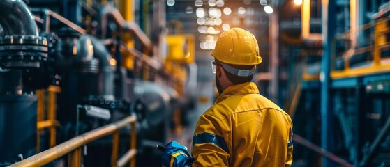 Fototapeta premium Technicians maintaining equipment in a petrochemical facility, industrial machinery