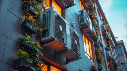 Modern building exterior with air conditioning units and green plants on balconies during sunset reflecting warm lights from windows.