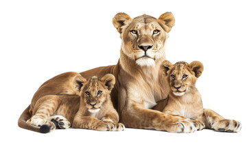 Female Lion Resting with Two Cubs on White Background