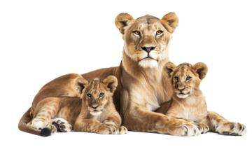 Female Lion Resting with Two Cubs on White Background