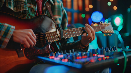 Close-up of man's hands playing bass guitar. Person playing bass guitar. Guitar strings. Person playing rock. Musical instrument
