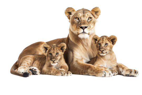 Female Lion Resting with Two Cubs on White Background