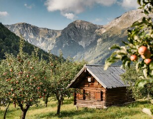 Holzh&uuml;tte zwischen Apfelb&auml;umen mit reifen &Auml;pfeln in den Bergen bei sch&ouml;nem Wetter 