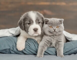 Obraz premium Ein Kätzchen und ein Welpe liegen auf einem Kopfkissen im Bett 