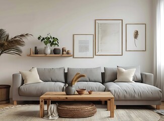 Scandinavian style living room interior with a gray sofa, wooden coffee table and posters on the wall in a mockup stock photo