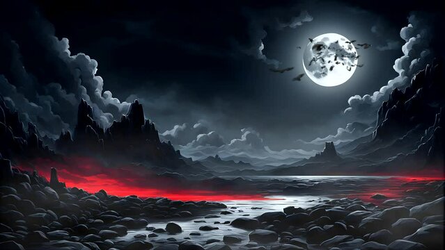 Dark sky with full moon and bats in the forest. Seamless looping time-lapse 4k video animation background