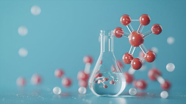 Abstract Molecular Structure Representation. 3D illustration of colorful molecules representing amino acids, with a soft-focus background.
