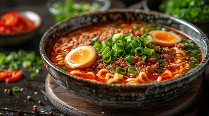 Miso Ramen Asian noodles with egg, enoki and pak choi cabbage in bowl on dark concrete background