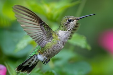 Fototapeta premium A detailed shot of a hummingbird hovering, wings outstretched near vibrant flowers