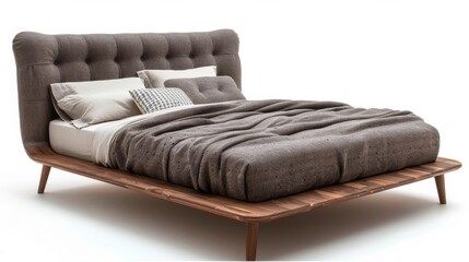 Contemporary bed with an upholstered headboard and footboard, isolated on a white studio background