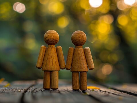 Two human shaped wooden toys, friendship concept together