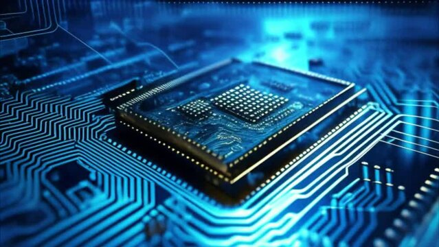 Neon blue circuit board with LED light.Futuristic, digital technology, materials for electronics and IT concept.