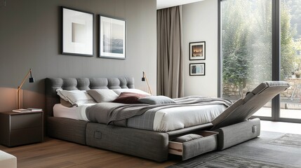 Contemporary bed with a storage base in a minimalist bedroom