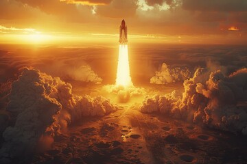 The image captures the space shuttle soaring into the golden hour sky, with vibrant clouds and light trails highlighting the moment