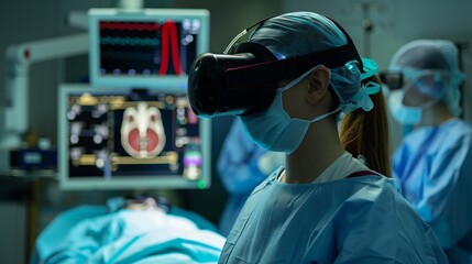 Surgeon utilizing virtual reality headset in operating room, medical study concept using VR,
