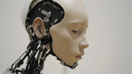 A robot with a head constructed entirely of wires, showcasing intricate design and advanced technology