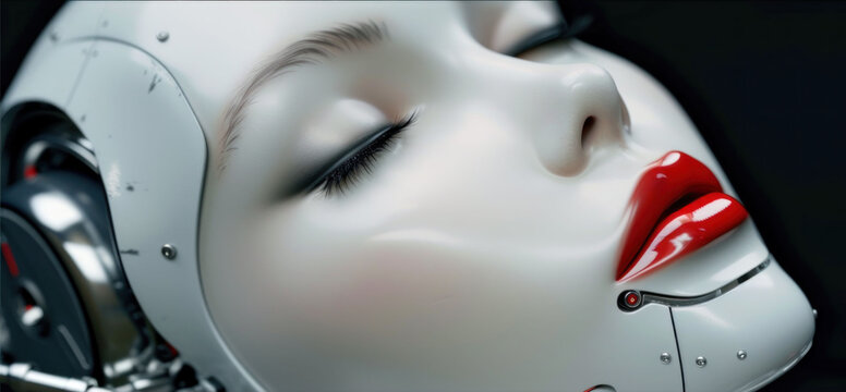 close up beautiful android girl with artificial intelligence, on black background, poster