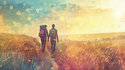 A couple of individuals strolling through a field of green grass