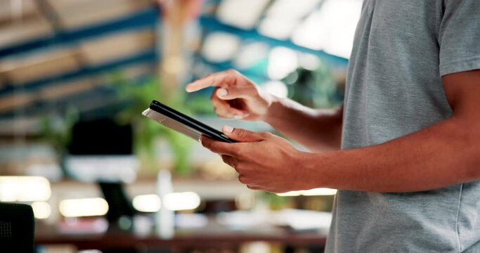 Hands, service and tablet for small business, person and entrepreneur for industry of delivery and shop. Technology, store and closeup of digital, working and networking on supplier app and online