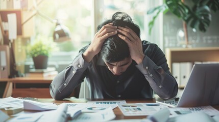 Businessman sitting at a desk with his head in his hands, surrounded by bankruptcy papers, depicting a sense of hopelessness in a failing business.