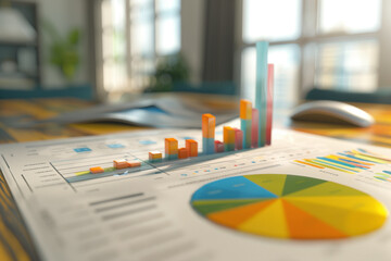 3D render of financial data and charts with bar graphs and pie charts on a paper work desk in an office background. The business concept for a corporate business plan or the significance of company