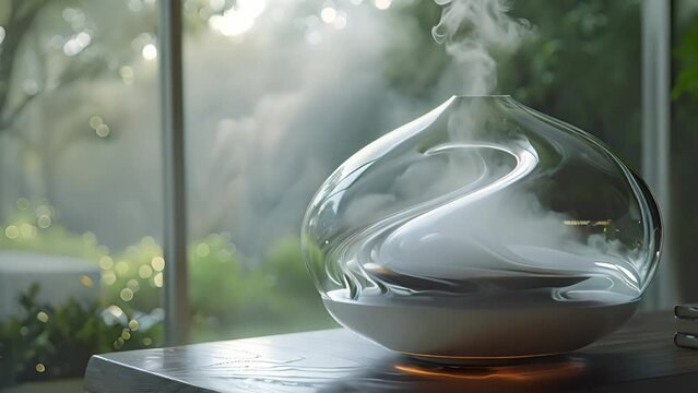 A glass aromatherapy diffuser releasing vapor on a wooden table with a lush green garden visible through the large windows in the morning light.
