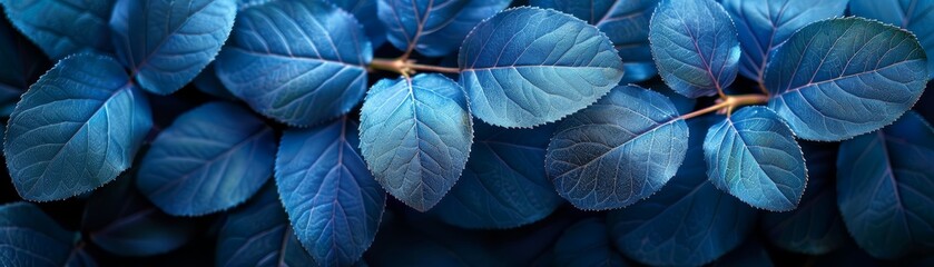 A vibrant collection of blue leaves, beautifully arranged and highlighted, creating a mesmerizing natural pattern in a blue-toned background.
