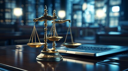 A vintage brass justice scale next to a laptop on a wooden table in a dimly lit legal office, symbolizing balance between tradition and technology.