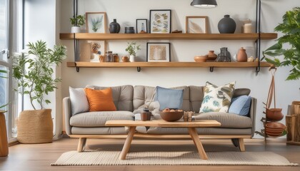 Refined Modern Living Room: Sleek Wood Floating Shelf Display