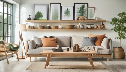 Refined Modern Living Room: Sleek Wood Floating Shelf Display