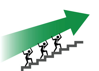 a group of businessmen working together to carry a large arrow up the stairs of a graph, symbolizing the struggle of collaborating for success