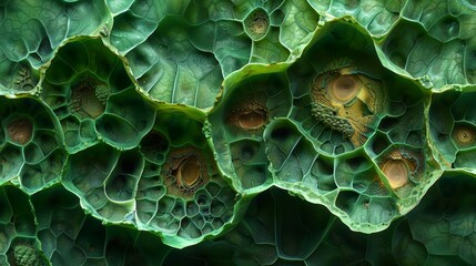 Close-up of green textured leaf pattern showing intricate details and structure. Perfect for nature, science, and macro photography themes.