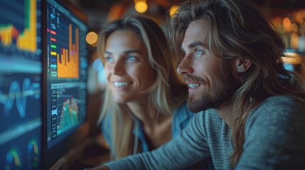 Two people analyzing computer screens displaying data and graphs, working together in a collaborative environment. Focused and engaged.