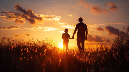 Fototapeta premium Father And Child Enjoying Their Time At Sunset Evening, Happy Father's Day