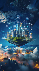 Smart city illustration, tall composition on vertical aspect ratio