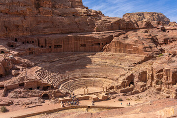 Ancient Theater in Petra, Jordan: Majestic Rock-Cut Amphitheater Carved into Red Sandstone Cliffs