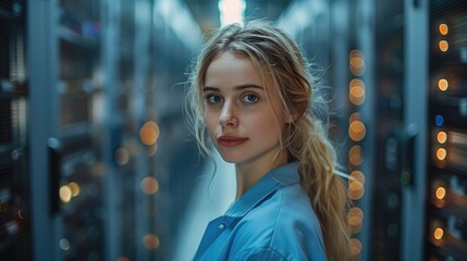 Obraz premium Young woman in a server room, surrounded by technology and equipment, looking confident and professional.