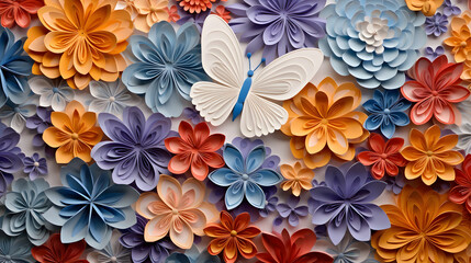 Fototapeta premium digital paper-cut butterflies and flowers poster background