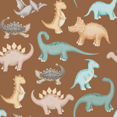 Dinosaurs Watercolor seamless Pattern. Cute dino Baby Print. Hand drawn on isolated brown background. Cartoon animal character drawing. Funny illustration for fabrics and kids bedding.