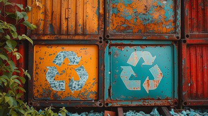 Colorful recycling symbols on old, rusty shipping containers, creating an urban, eco-friendly aesthetic. Green leaves add a touch of nature.