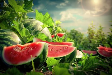 Fresh juicy watermelons in a vibrant garden under a sunny sky, showcasing the beauty and bounty of summer harvest.