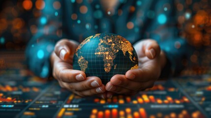 Fototapeta premium A person holding a digital globe with data charts in the background, symbolizing global business analytics and technology innovation.