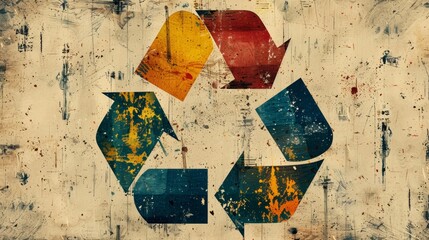 Grunge textured recycling symbol in yellow, blue, and red on beige background, promoting sustainability and waste reduction.