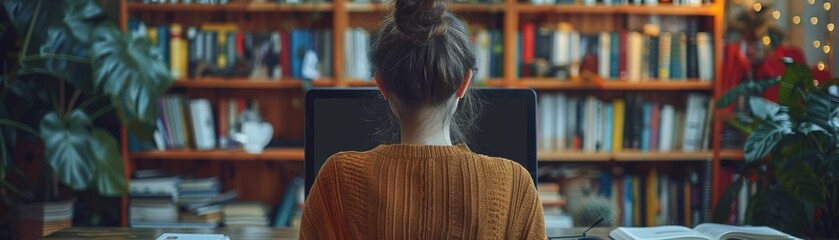 Person working at desk in cozy home office with bookshelf background, warm lighting, and relaxing ambiance, perfect for productivity and focus.