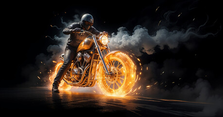 Man riding a flaming motorcycle with smoke and sparks in a dark, dramatic environment, exuding intense energy