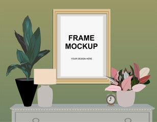 Frame mockup with potted house plants, mockup of interior decoration with blank place for vertical picture. Frame for photo, wall art, print, poster. Vector realistic illustration.