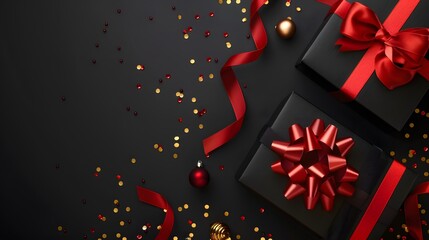 Black box with red ribbon and bow, elegant gift, Black Friday. Banner, place for text.
