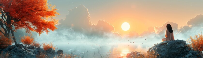 Fototapeta premium Serenity at dawn with a lone figure under a vibrant orange tree, overlooking a misty lake and fiery sunrise sky.